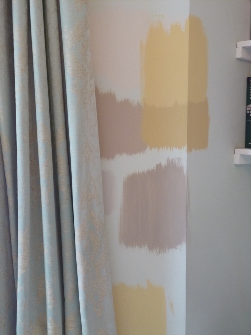 From top left, anticlockwise: Dulux Gentle Fawn, Dulux Muddy Puddle, (peeking out from the curtain) Dulux Perfectly Taupe, Laura Ashley Faded Gold, Dulux Soft Truffle, Crown Period Colours Imperial Gold, Crown Period Colours Pale Gilt
